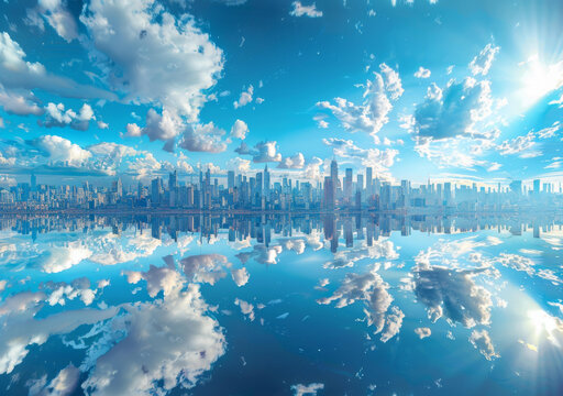 晴空萬里下的城市倒影