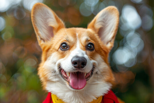 一只戴著紅黃色圍巾的快樂柯基犬