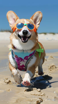 一只戴著太陽鏡的快樂柯基犬在海灘上奔跑