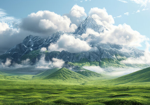 云霧繚繞的山峰和翠綠山谷