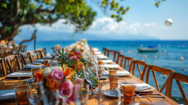 在海灘婚禮上擺放的長桌可以看到美麗的海景