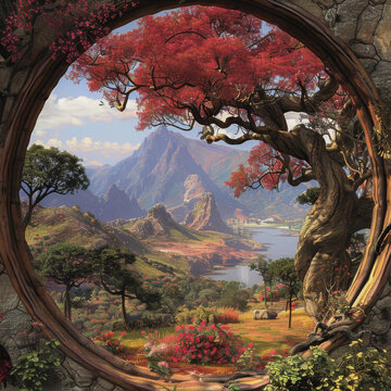 奇幻風(fēng)景畫前景是大樹背景是山脈