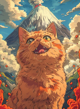 貓凝視著火山