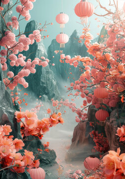 中國風花卉景觀與紙燈籠