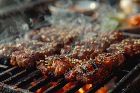 各種各樣的牛肉和豬肉在烤架上