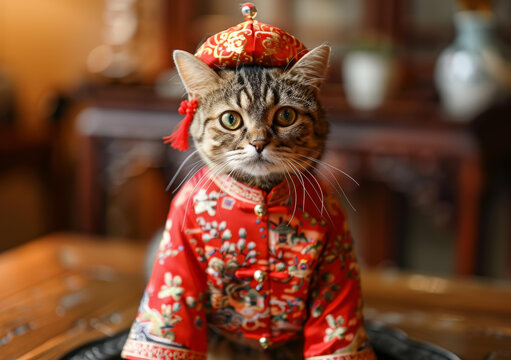身穿中國(guó)傳統(tǒng)服飾的貓