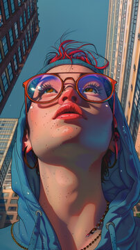 一個(gè)戴著眼鏡的女性仰望城市里的高樓大廈