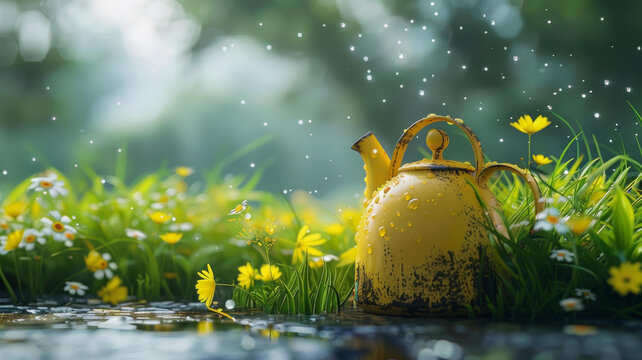 雨中盛開雛菊花朵旁的黃色水壺