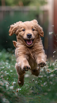 一只可愛的金毛獵犬幼犬在花叢中奔跑