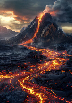 火山爆發(fā)時熔巖從山坡上流下