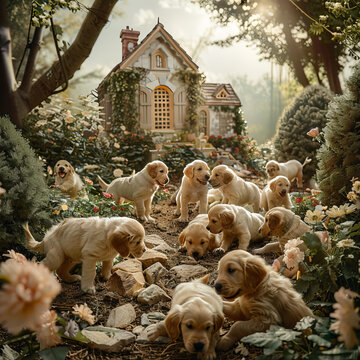 一群金毛獵犬幼犬在花園里玩耍