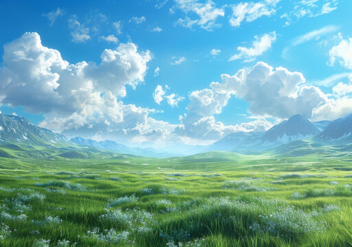 廣闊綠色草原風(fēng)景下的蔚藍(lán)天空