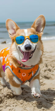 一只戴著太陽鏡的快樂柯基犬在海灘上奔跑