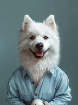 一只穿著藍(lán)色襯衫的白色薩摩耶犬