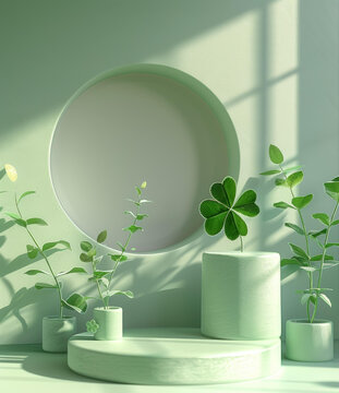 綠色植物和四葉草在圓形窗口背景下的展示臺