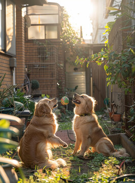 兩只金毛獵犬在后院玩耍