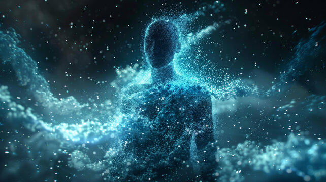 由粒子構(gòu)成的藍色半透明人深藍色背景