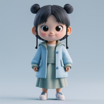 身穿藍色外套和綠色連衣裙的可愛小女孩