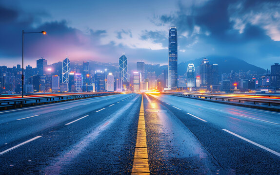 香港城市夜景前景為空曠的公路