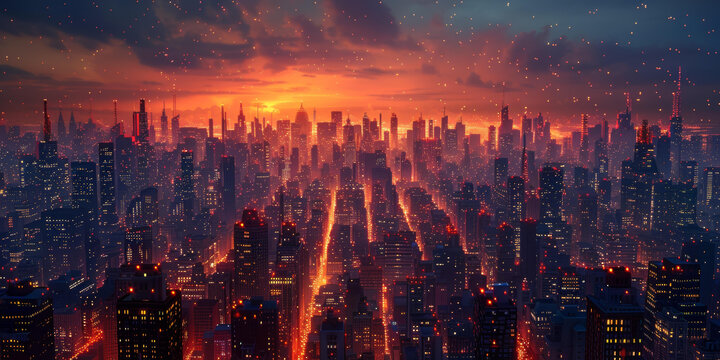 燃燒的夕陽下的未來都市