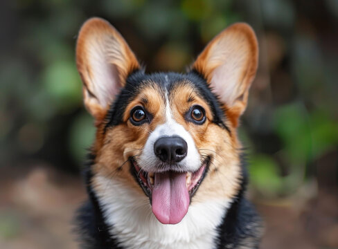 一只快樂的柯基犬對著鏡頭微笑