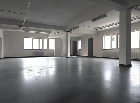 空曠的工業(yè)建筑內(nèi)部，帶有大型窗戶