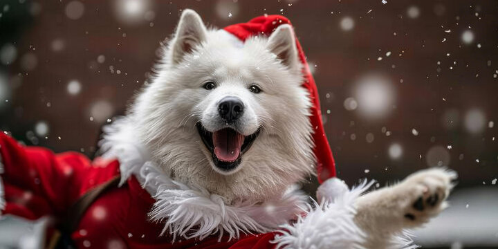 薩摩耶犬戴著圣誕帽在雪地里玩耍