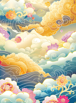 日本風(fēng)格抽象云朵和花朵