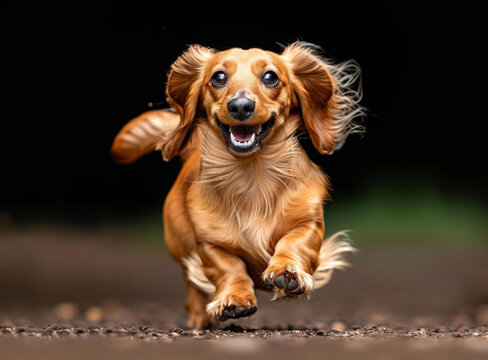 一只快樂的棕色臘腸犬正在奔跑