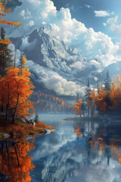 秋日山湖美景圖畫