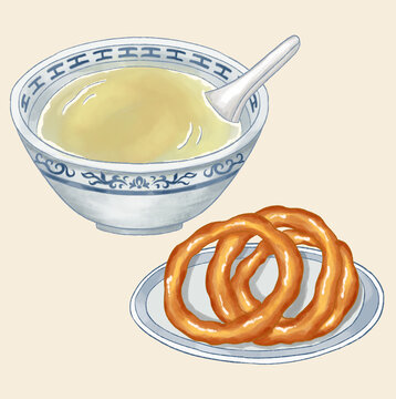 北京美食豆汁焦圈小吃插畫