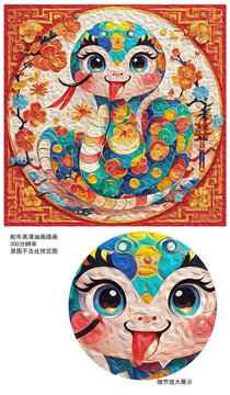 蛇年剪紙油畫