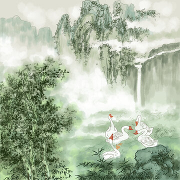 中國風(fēng)水墨畫春季風(fēng)景插畫