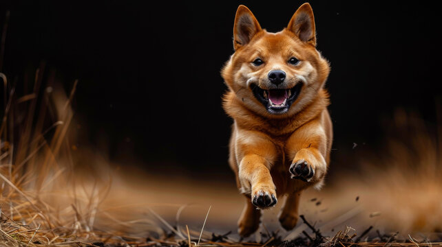 一只快樂的柴犬犬正在奔跑