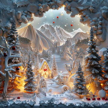 夢幻冬日雪景小屋村莊