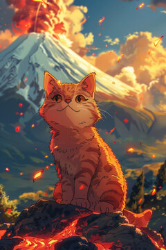 貓坐在巖石上注視著火山爆發(fā)