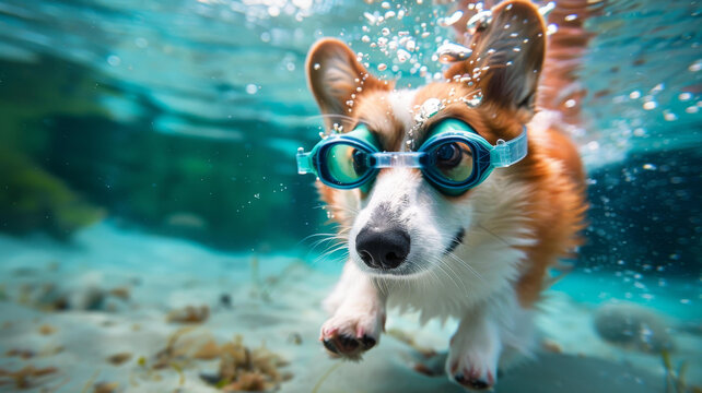 一只戴著游泳鏡的可愛柯基犬在水下游泳