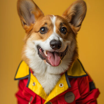 一只穿著紅黃相間夾克的快樂柯基犬