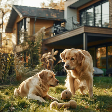 兩只金毛獵犬在后院玩耍