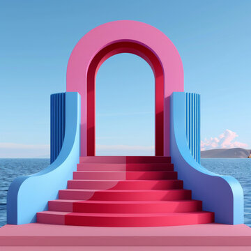 粉藍極簡超現(xiàn)實海景拱門臺階