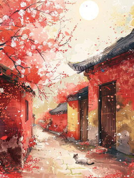 中國古代建筑和桃花樹下的貓