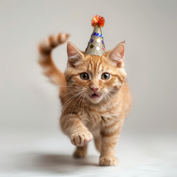 一只戴著生日帽的姜黃色小貓
