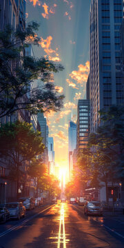 清晨城市街道日出美景