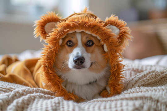 一只可愛的小柯基犬戴著獅子頭套