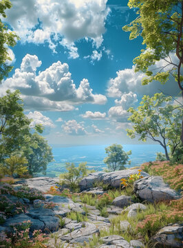 云霞繚繞的山頂美景