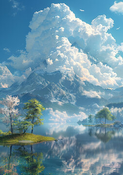 云霧繚繞的雪山湖泊美景