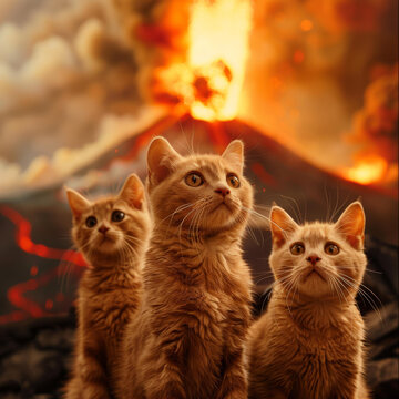 三只橘貓凝望火山爆發(fā)