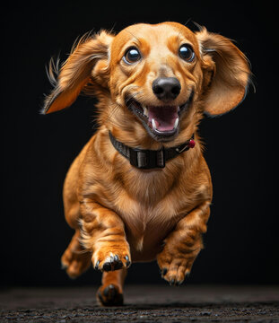 一只快樂的棕色臘腸犬在風(fēng)中奔跑耳朵撲扇著