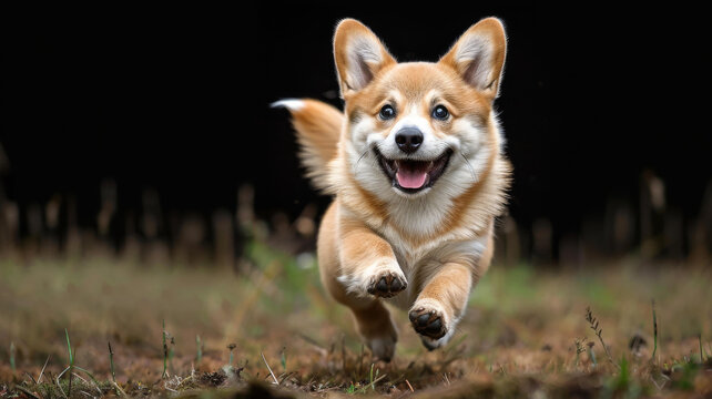 一只快樂的柯基犬在草地上奔跑