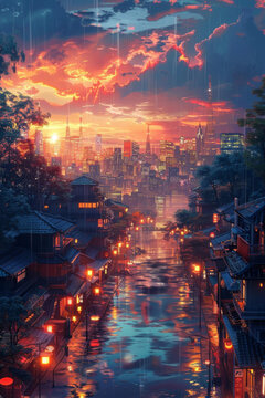 雨夜下的霓虹城市風(fēng)光